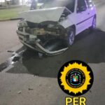Colisión entre un auto y una camioneta en el cruce de Ruta 18 y Rocamora: solo hubo daños materiales
